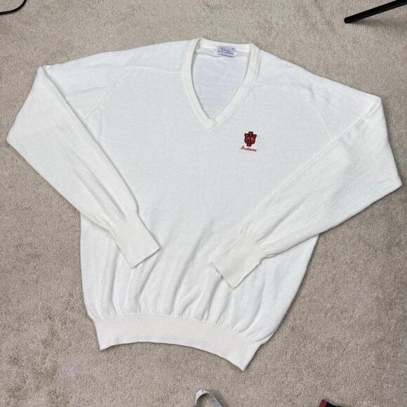 Vintage Roche Indiana University V-Neck Sweater Cream Knit Embroidered XL Alumni - Picture 2 of 7